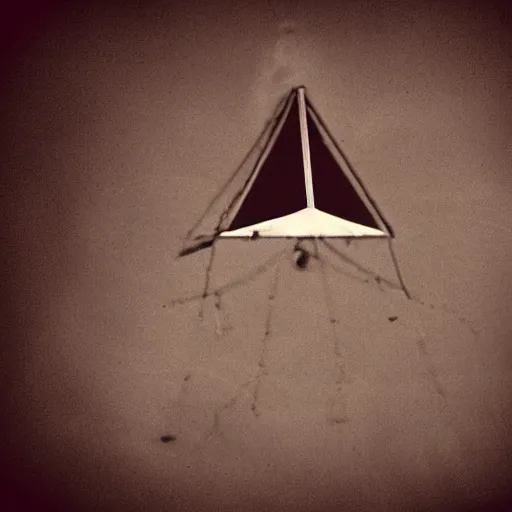 Prompt: a large triangle black spaceship with lights seen in the sky, vintage photo, old, grainy, sepia