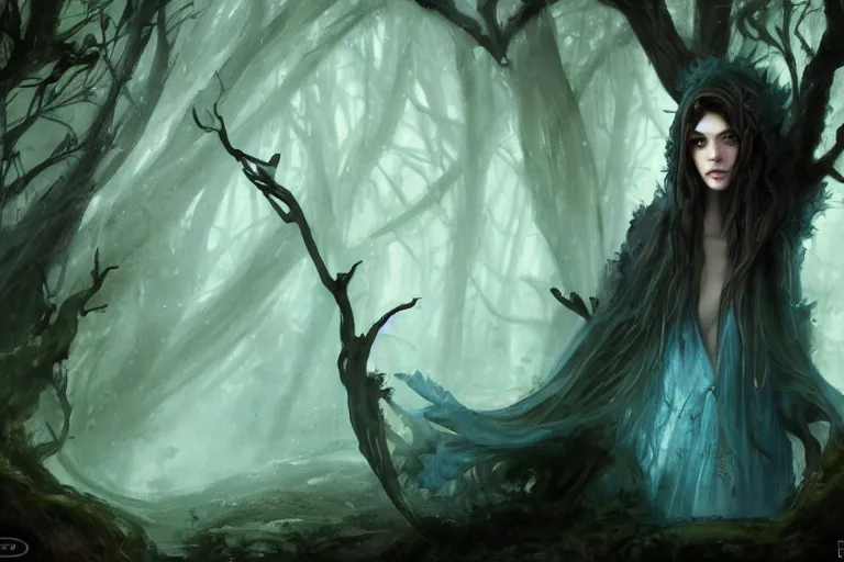 Image similar to cinematic painting, portrait of a dryad, fey, mysterious, she's emerging from shadow, face partially hidden by a hooded cloak, ice blue eyes, determined expression, maenad, autumn forest, cinematic fantasy painting, trending on art station, hard focus, cinematic lighting, ominous shadows by brian froud and jessica rossier and gaston bussiere