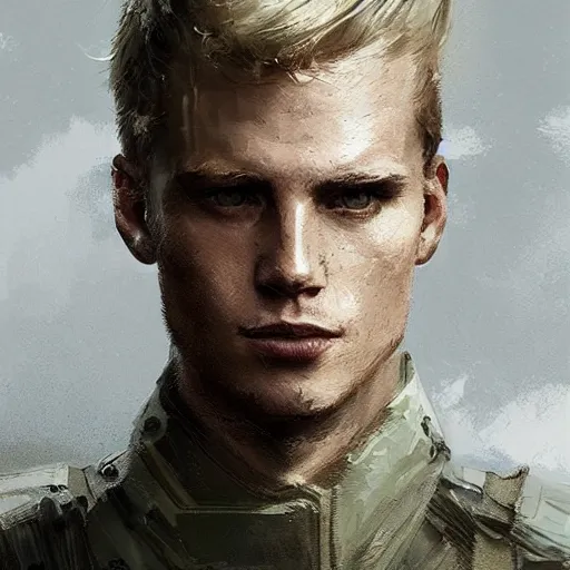 Image similar to Portrait of a man by Greg Rutkowski, he is about 20 years old, norwegian, short blond hair, young, manly, attractive, strong, older brother vibes, he is wearing futuristic military fatigues, highly detailed portrait, scifi, digital painting, artstation, concept art, smooth, sharp foccus ilustration, Artstation HQ