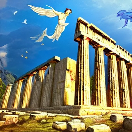 Prompt: a photograph of an ancient greek temple, surrounded by flying air bisons, dreamy, blooming ecosystem,