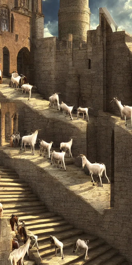 Image similar to a herd of goats! on stairs in a beautiful fantasy cathedral, medieval citadel, medieval castle, many goats, magic, tall towers, gorgeous clouds, colorful, open space, sunrays, digital painting, landscape, octane render, unreal engine, high detail, very realistic