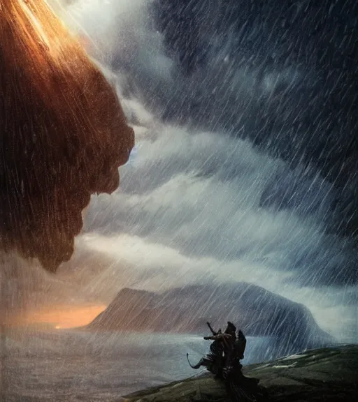 Image similar to knight, norway fjord, extreme close up portrait, hudson river school, max rive, armor made of ocean, stormy seas, beautiful, bokeh, female, snowy, storm clouds, god rays, extreme close up portrait, d & d, fantasy, elegant, low key color palette, concept art, roger deakins and greg rutkowski and alphonse mucha