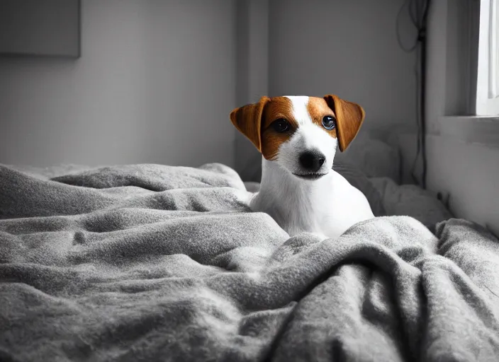 Image similar to photography of a Jack Russel . watching outside the window. on a bed. in a vintage room full of vinyls and posters.,volumetric light, photorealistic,, award winning photo, 100mm, sharp, high res