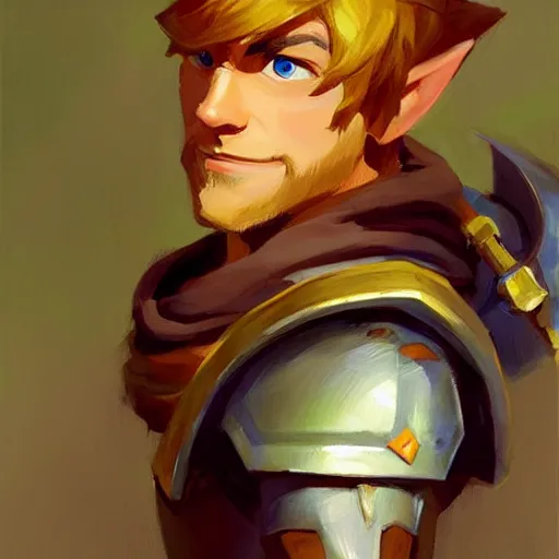 Image similar to greg manchess portrait painting of link from legend of zelda as overwatch character, medium shot, asymmetrical, profile picture, organic painting, sunny day, matte painting, bold shapes, hard edges, street art, trending on artstation, by huang guangjian and gil elvgren and sachin teng