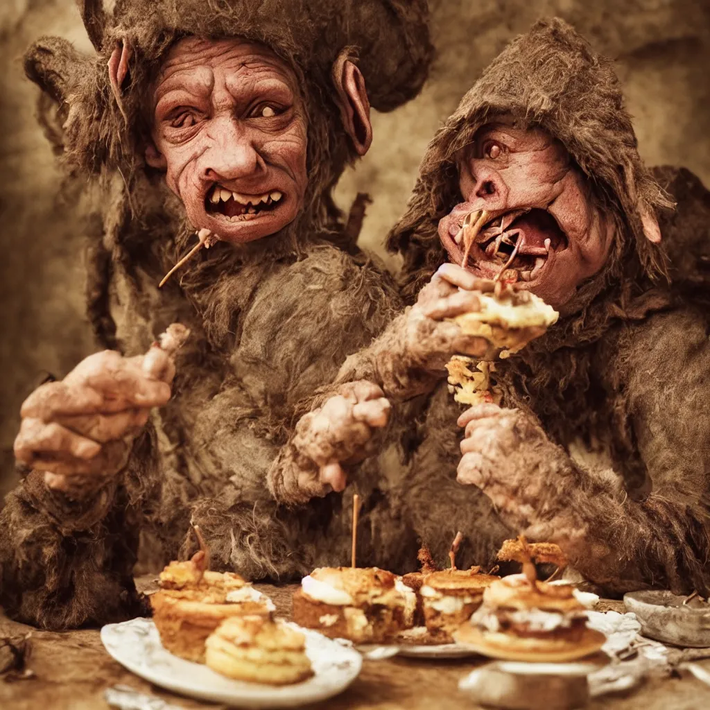 Image similar to closeup portrait of a medieval goblin eating cakes, depth of field, zeiss lens, detailed, symmetrical, centered, fashion photoshoot, by annie leibovitz and steve mccurry, david lazar, jimmy nelsson, breathtaking, 8 k resolution, extremely detailed, beautiful, establishing shot, artistic, hyperrealistic, beautiful face, octane render