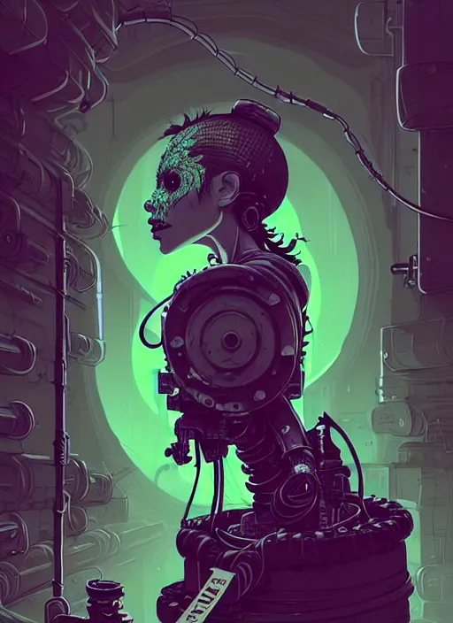 Image similar to highly detailed portrait of an moody wasteland punk long dripping green poison hair tribal lady, stray black rubber hoses by atey ghailan, james gilleard, by joe fenton, by greg rutkowski, by greg tocchini, by kaethe butcher, 4 k resolution, gradient purple, brown black and white color scheme!!! ( ( green flaming robotic sewer background ) )