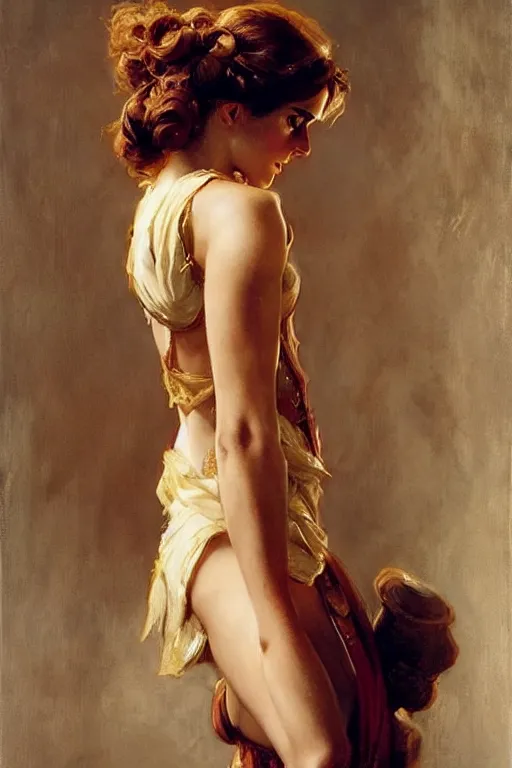 Image similar to emma watson manelbrot fightsuit gaston bussiere craig mullins j. c. leyendecker curly updo