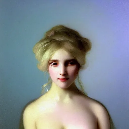 Prompt: a young woman's face, her hair is white and she wears an indigo blue satin cloak, by ivan aivazovsky and syd mead and moebius and gaston bussiere and roger dean and pieter claesz and paul delaroche and alma tadema and aelbert cuyp and donato giancola, hyperrealistic, volumetric light, octane render