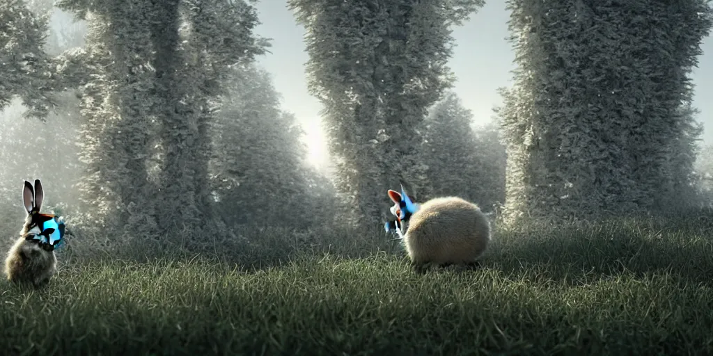 Image similar to a bunny rabbit standing in front of a photorealistic 3D art of dystopian landscape with fluffy trees, 4k, extremely detailed, ultra realistic, by Annibale Siconolfi, Maxon Cinema 4D, Otoy Octane, Adobe Photoshop, Adobe After Effects, complex 3D scene