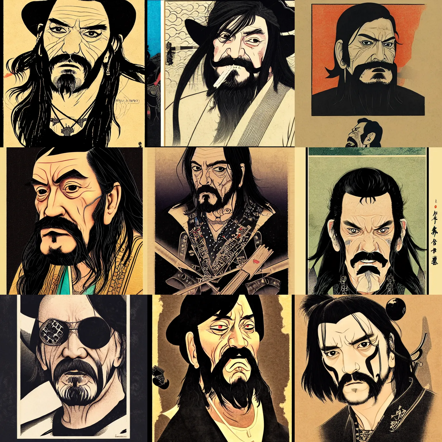 Prompt: a portrait of lemmy killmister. shin hanga and kawanabe kyosai and cory loftis and rossdraws and wlop - h 7 0 4