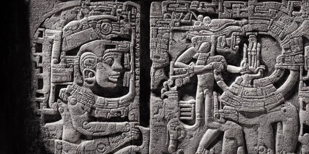 Prompt: pascal votan the space navigator as etched in stone, Mayan hieroglyph by Liam Wong and Boris Vallejo