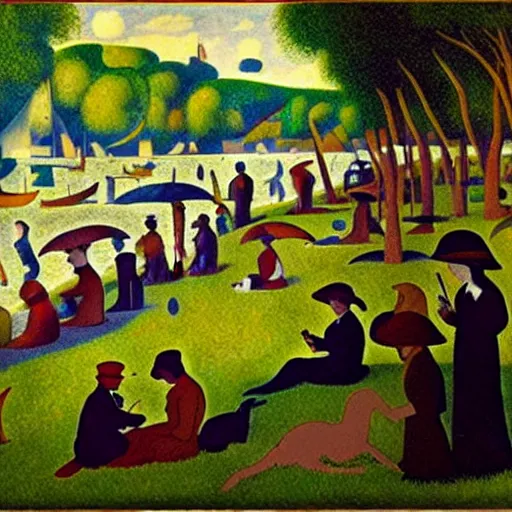 Image similar to a sunday afternoon on the island of la grande jatte, by mike mignola