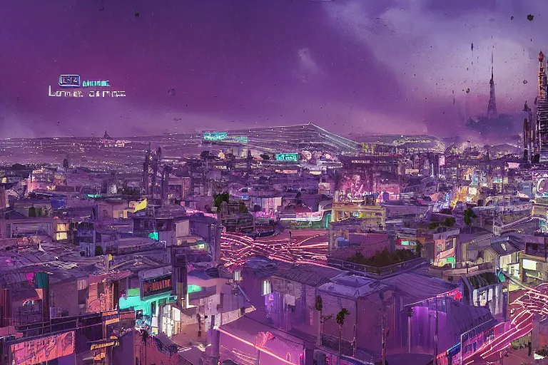 Prompt: Cityscape of Lunel in France as a cyberpunk futuristic city, 4K, wide view, neon lights