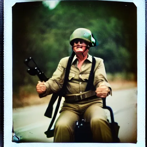 Image similar to polaroid photo of a person looking like donald trump as a soldier in vietnam, riding tank