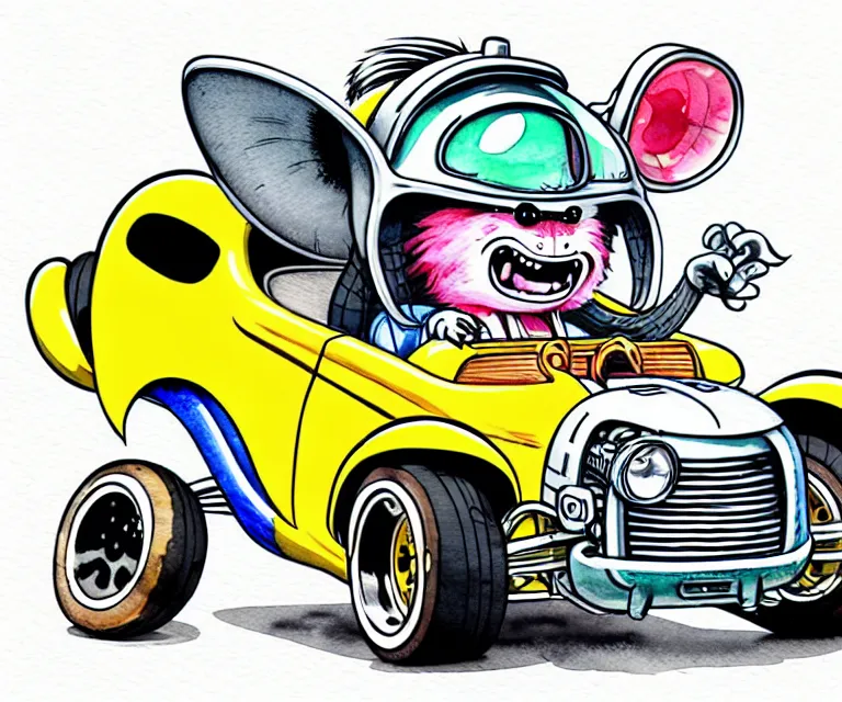 Image similar to cute and funny, racoon wearing a helmet riding in a tiny hot rod coupe with oversized engine, ratfink style by ed roth, centered award winning watercolor pen illustration, isometric illustration by chihiro iwasaki, edited by range murata