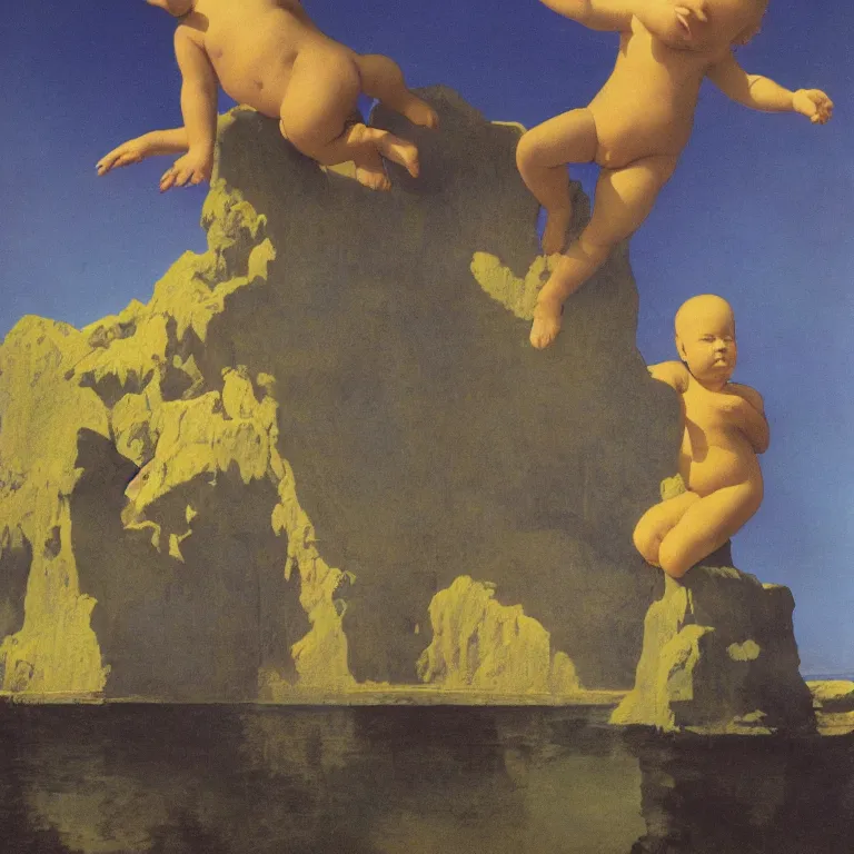 Prompt: A Monumental Public Sculpture of a 'Baby Head made of Sea Anemone Facing upward' on a pedestal by the lake, surreal oil painting by Maxfield Parrish and Max Ernst shocking detail hyperrealistic!! Cinematic lighting