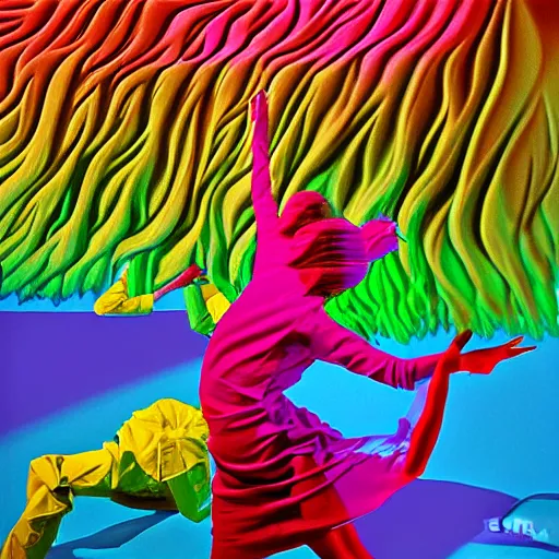 Image similar to liquid people dancing in a lightfull room by lynda benglis, hyperrealistic, colorful shadows, high detail, digital art