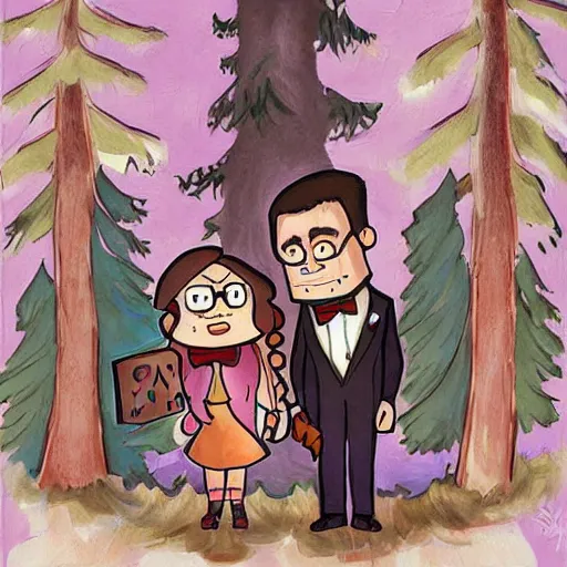 Image similar to beautiful painting, wedding couple as gravity falls, by alex hirsch, cartoon, coherent symmetrical faces