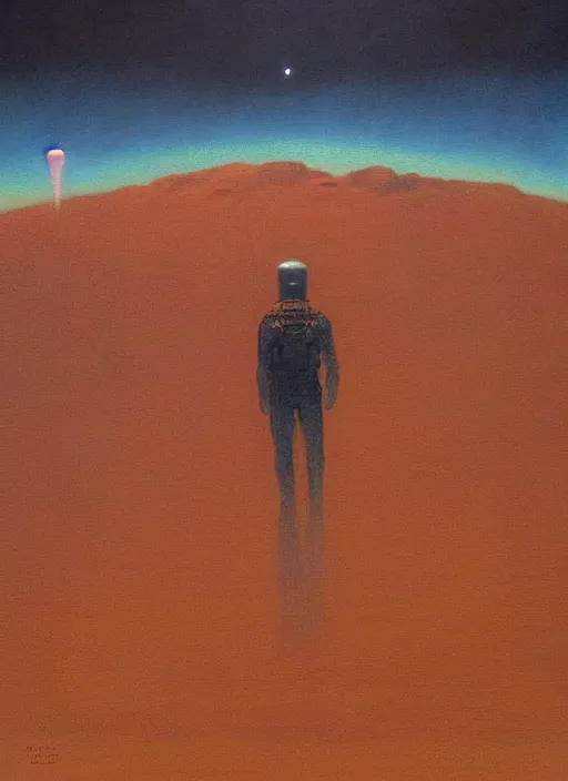 Image similar to A painting in a style of Beksinski featuring Elon Musk on mars. There is a group of rocket in the sky. Very detailed, symmetry