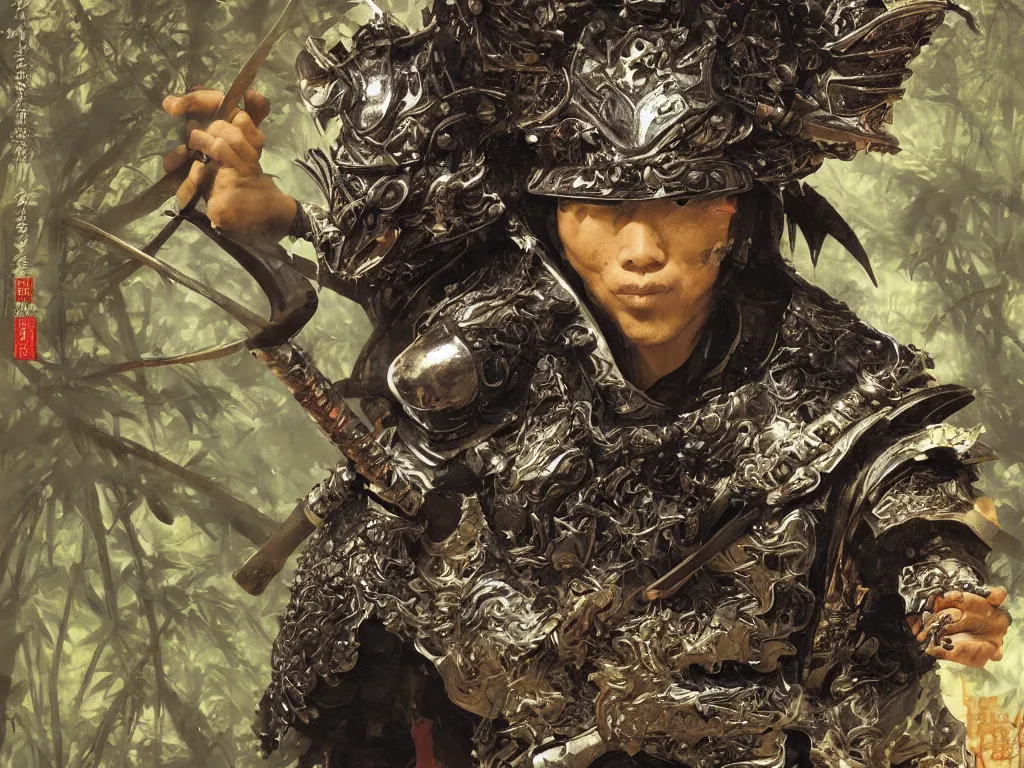 Image similar to close up of a samurai in armor resembling dragon skin and a helmet resembling a dragon head, in a dark bamboo forest, by huang guangjian and gil elvgren, sachin teng, greg manchess