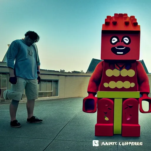 Image similar to giant man stepping on giant lego piece, trending on artstation