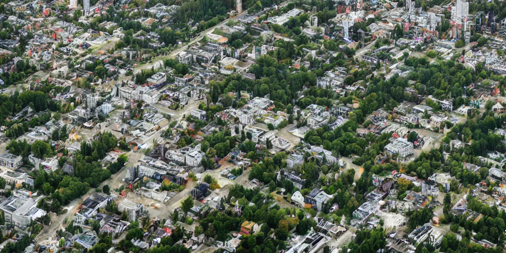 Prompt: future city attacked by forest, trees, plant, broken buildings, doom of the gods, monster, gravity mess, star trek, glory war, photograph