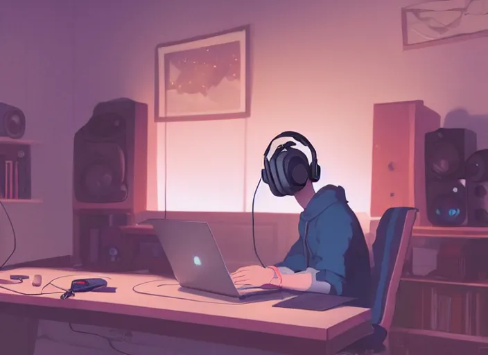 Image similar to man with headphones at his home studio producing music late at night, very detailed, 4 k, cory loftis, james gilleard, atey ghailan, makoto shinkai, goro fujita, studio ghibli, rim light, exquisite lighting, clear focus, very coherent, masterpiece