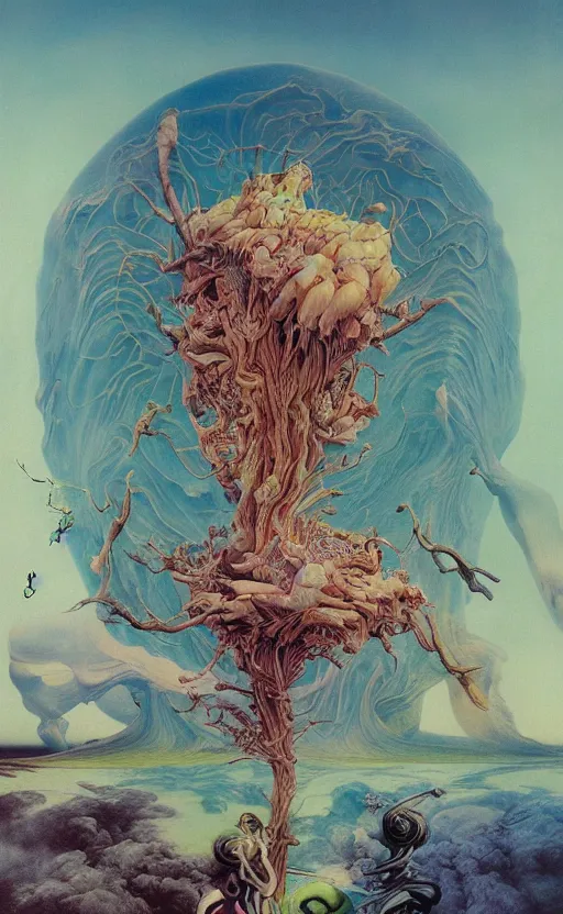 Prompt: ultrawide angle colour masterpiece surreal closeup portrait photography of surrealism by miho hirano and annie leibovitz and michael cheval, weird surreal epic psychedelic complex biomorphic 3 d fractal landscape in background by kilian eng and roger dean and salvador dali and beksinski, 8 k