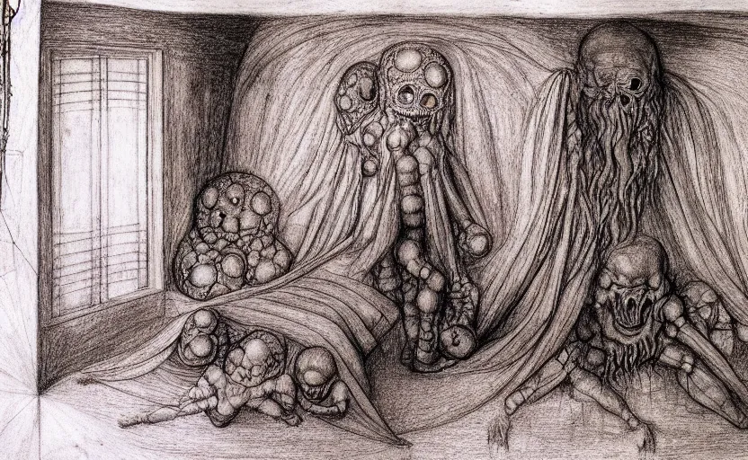 Prompt: a cosmic horror monstrosity inside of a child's bedroom, pencil drawing by leonardo da vinci, extremely detailed, disturbing, cinematic, 4 k, 8 k,