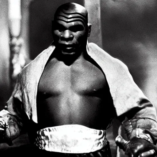 Prompt: mike tyson as dracula in the 1 9 2 2 film, black and white