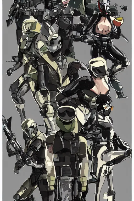 Image similar to robot ninja mask helmet metal gear solid snake pose training suit swat heros chaykin howard and campion pascale and cooke darwyn and davis jack illustration character design concept the phantom pain cosplay sniper wolf