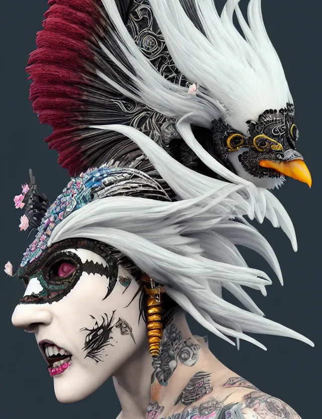 Image similar to 3 d photo realistic goddess close - up profile portrait punk with mohawk with ram skull. beautiful intricately detailed japanese crow kitsune mask and clasical japanese kimono. betta fish, jellyfish phoenix, bio luminescent, plasma, ice, water, wind, creature, artwork by tooth wu and wlop and beeple and greg rutkowski