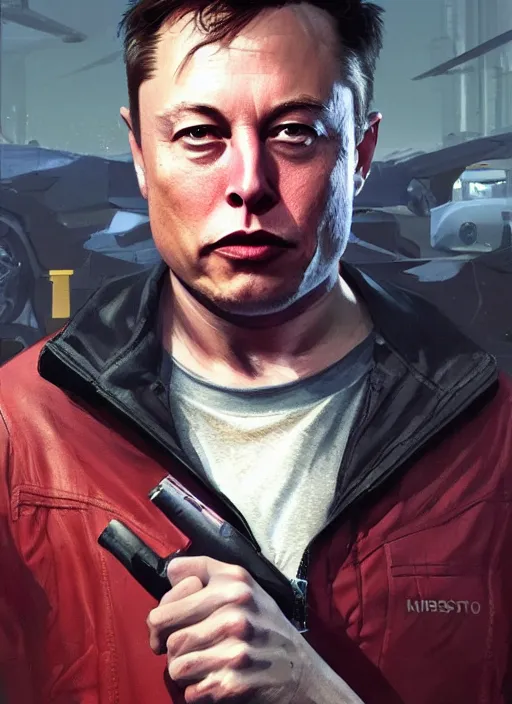 Image similar to highly detailed portrait elon musk gta 5 art, unreal engine, fantasy art by greg rutkowski, global illumination, radiant light