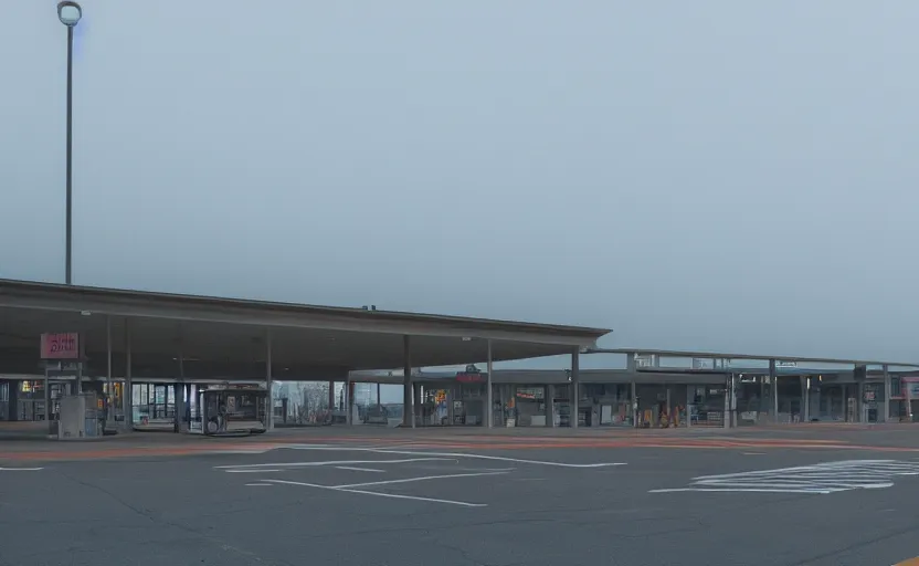 Image similar to wide exterior of the port byron travel plaza bus station in upstate buffalo new york, moody scene directed by charlie kaufman ( 2 0 0 1 ), anamorphic lenses, kodak color film stock, foggy volumetric light morning, cinematic trending on artstation