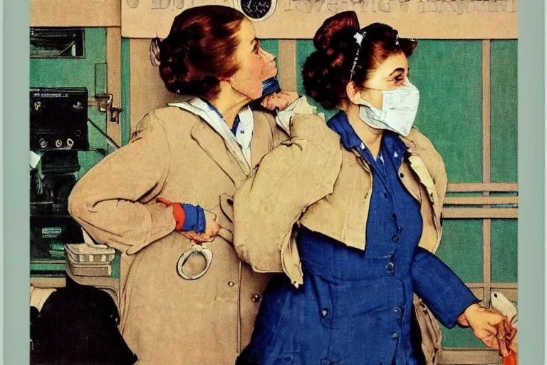 Prompt: portrait of a woman! wearing a jacket!!! wearing a chirurgical blue!!! mask, happy, norman rockwell!