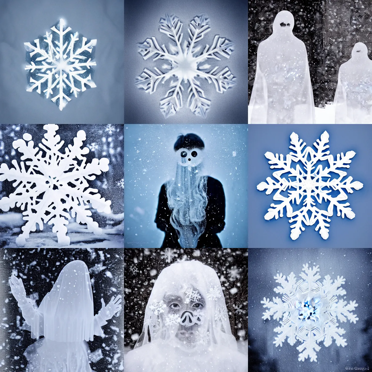 Prompt: surreal photography snowflakes ghost portrait