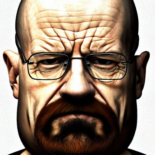 Image similar to photo portrait of a morbidly obsee walter white with a beard, morbidly obese, realistic, hyperrealistic, 8 k resolution, hd quality, very detailed, highly detailed, intricate details, real life, real world, trending on artstation, digital art, really realistic, very realistic, headshot, head in frame, photograph, portrait