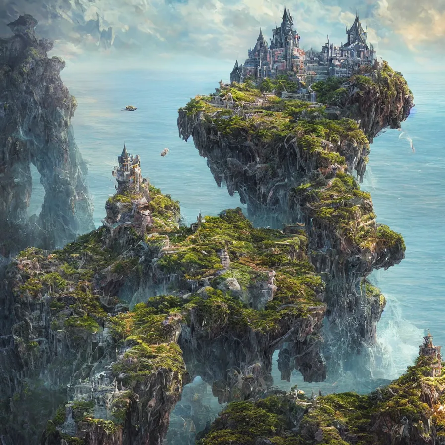 Prompt: fantasy painting of a castle on the edge of a cliff overseeing a vast ocean, complex, detailed, intricate abstract. delicate artwork. by Tooth Wu, wlop, beeple, dan mumford. octane render, trending on artstation, greg rutkowski very coherent symmetrical artwork. cinematic, hyper realism, high detail, octane render, 8k, depth of field, bokeh. chrome accents.