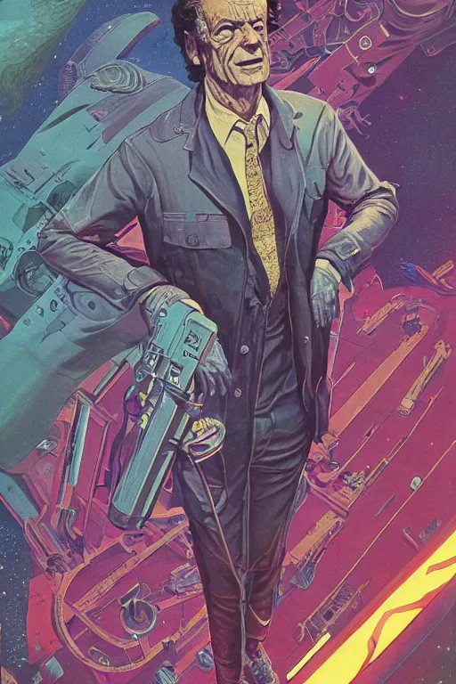 Image similar to John Noble as Rick Sanchez, science fiction, retro cover, high details, intricate details, by vincent di fate, artgerm julie bell beeple, 60s, inking, vintage 60s print, screen print