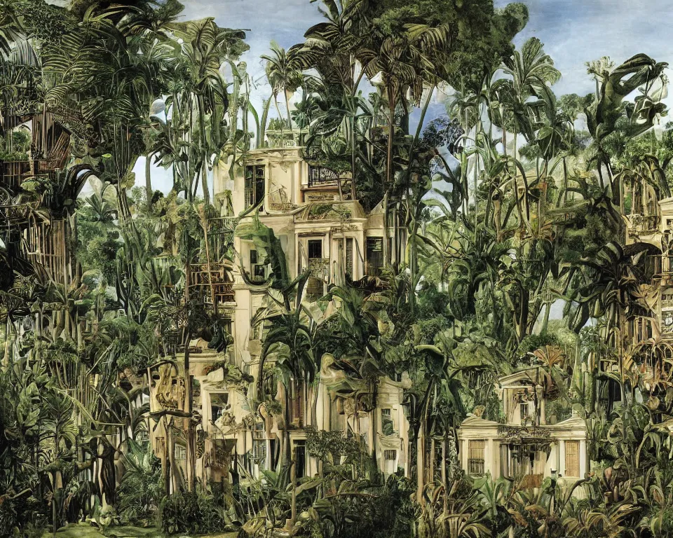 Prompt: repeating colonial mansions, overgrown with tropical foligage, by Salvador Dali and Jan Siberechts.