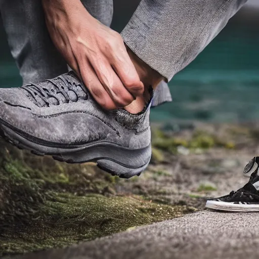 Image similar to ultra detailed photo, man wearing shoes made out of fish