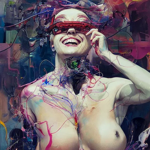 Image similar to grinning woman in a vr headset, dynamic energic pose, cyberpunk in the style of adrian ghenie, esao andrews, jenny saville, surrealism, dark art by james jean, takato yamamoto