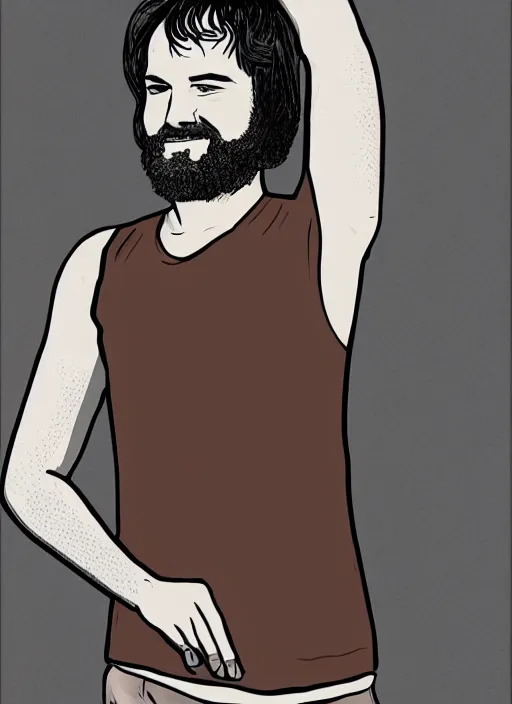 Prompt: illustration of young tim robbins with dark brown hair and a big bushy beard, wearing a white tank top
