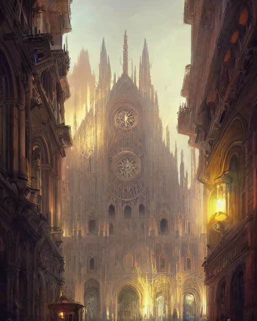 Image similar to il duomo by peter mohrbacher and dan mumford and nekro, cgsociety, volumetric light, 3 d render