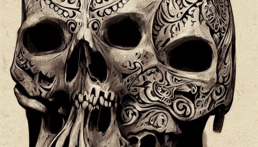 Image similar to concept art skull by jama jurabaev, the skull is decorated with art deco patterns, cinematic shot, trending on artstation, high quality, brush stroke