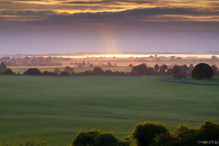 Image similar to A landscape photograph showing the city of Salisbury viewed from Old Sarum at sunrise, lighting by Albert Bierstadt, misty!!!, beautiful light, cinematic, morning light, dawn, English countryside, award winning photography, highly detailed, 24mm, fujifilm