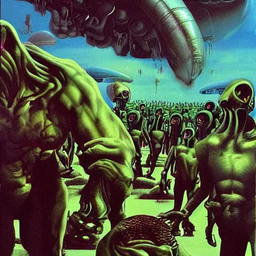 Prompt: a hyperrealistic painting of an alien invasion, by chris cunningham and richard corben, highly detailed, vivid color,