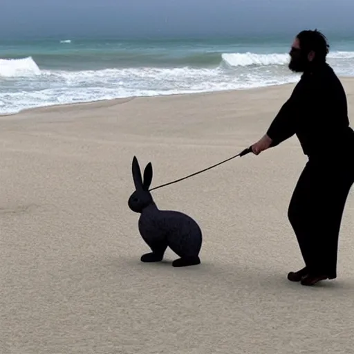 Prompt: a very very very giant bunny walking its tiny tiny owner on the beach. hyperreal.