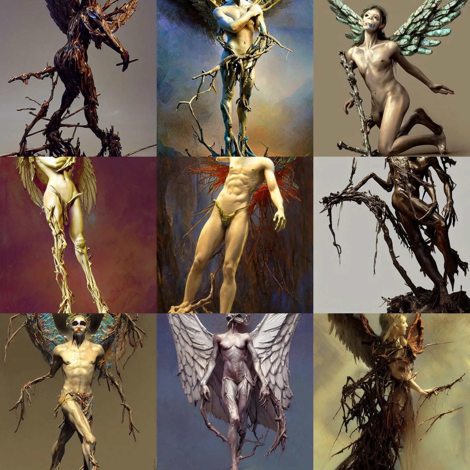 Prompt: hunched over male angel made of twisted twigs, flat face made of opal, opalized wood aesthetic, body of twigs, flat opal face, creepy opal angel, fantasy creature art by craig mullins and gaston bussiere