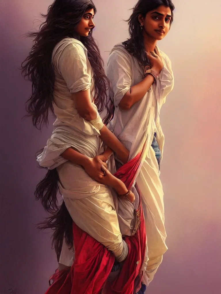 Prompt: Anxious pretty young Indian doctor wearing jeans leaving a plane, portrait, elegant, intricate, digital painting, artstation, concept art, smooth, sharp focus, illustration, art by artgerm and greg rutkowski and alphonse mucha